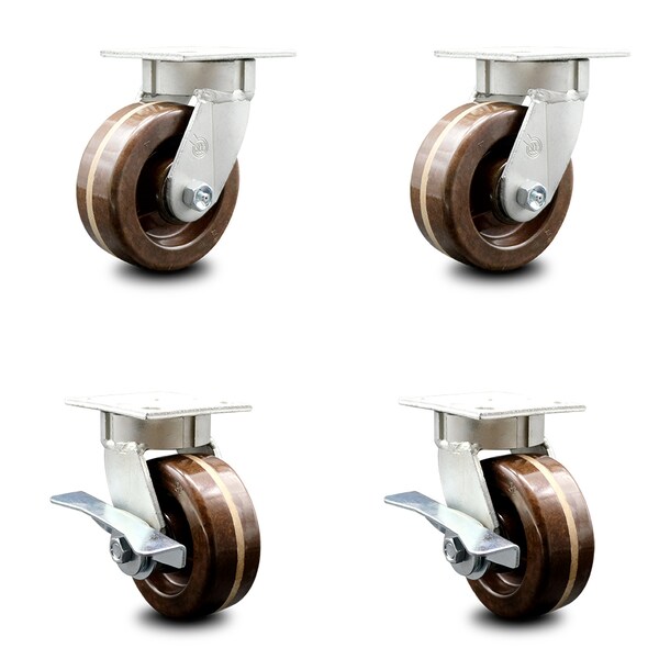 5 Inch Kingpinless High Temp Phenolic Wheel Swivel Caster Set with 2 Brakes SCC